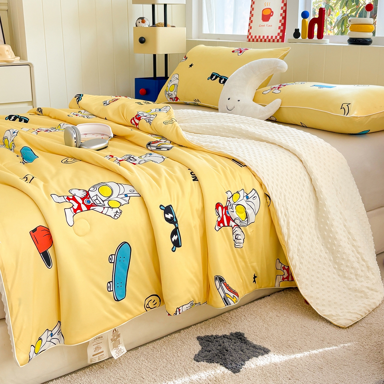 91家纺网 家纺一手货源 找家纺 恒畅 2026新款A类正版授权（含氨）卡通针织棉3D凉感豆豆夏被夏凉被 光崽奥特