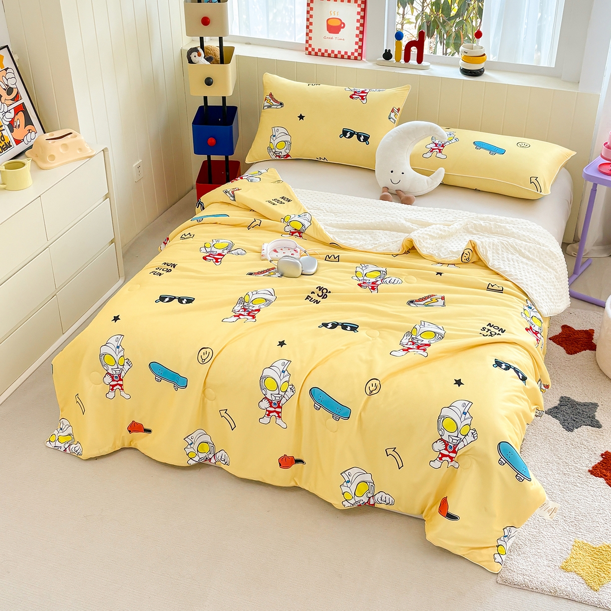 91家纺网 家纺一手货源 找家纺 恒畅 2026新款A类正版授权（含氨）卡通针织棉3D凉感豆豆夏被夏凉被 光崽奥特