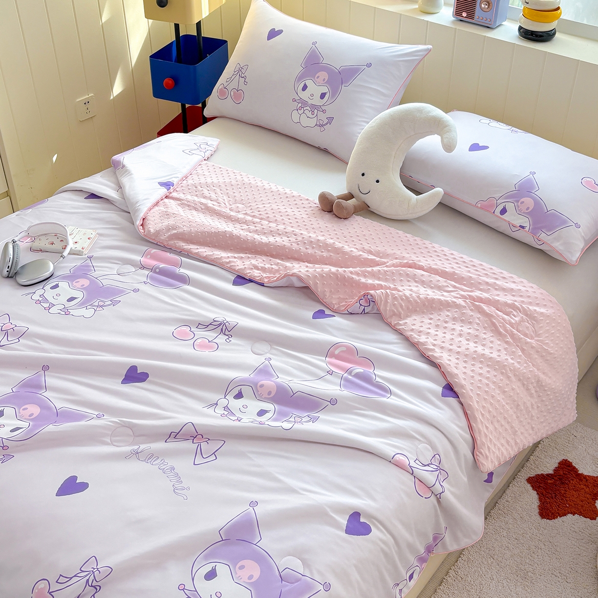 91家纺网 家纺一手货源 找家纺 恒畅 2026新款A类正版授权（含氨）卡通针织棉3D凉感豆豆夏被夏凉被 梦幻库洛米