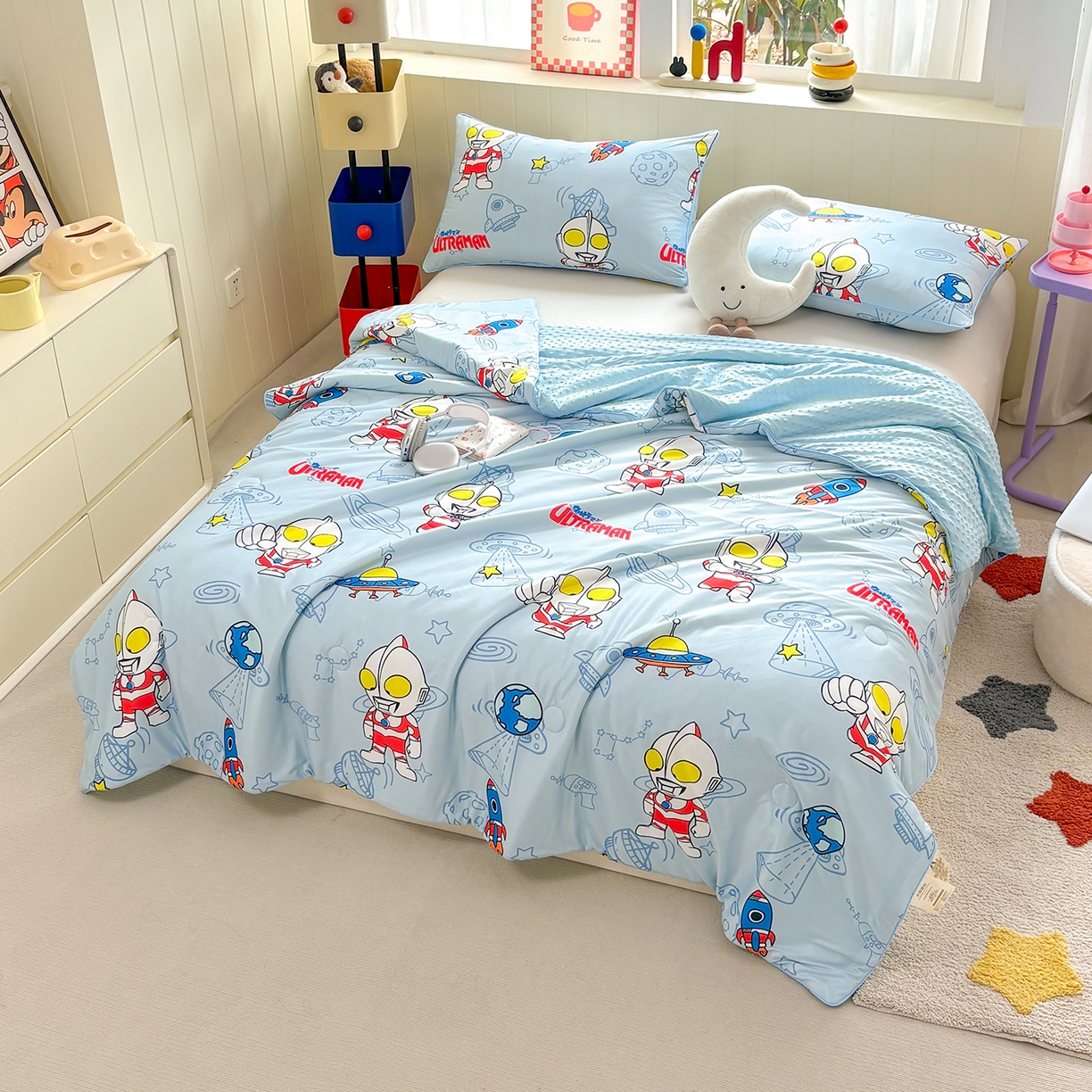 91家纺网 家纺一手货源 找家纺 恒畅 2026新款A类正版授权（含氨）卡通针织棉3D凉感豆豆夏被夏凉被 奥特曼降临