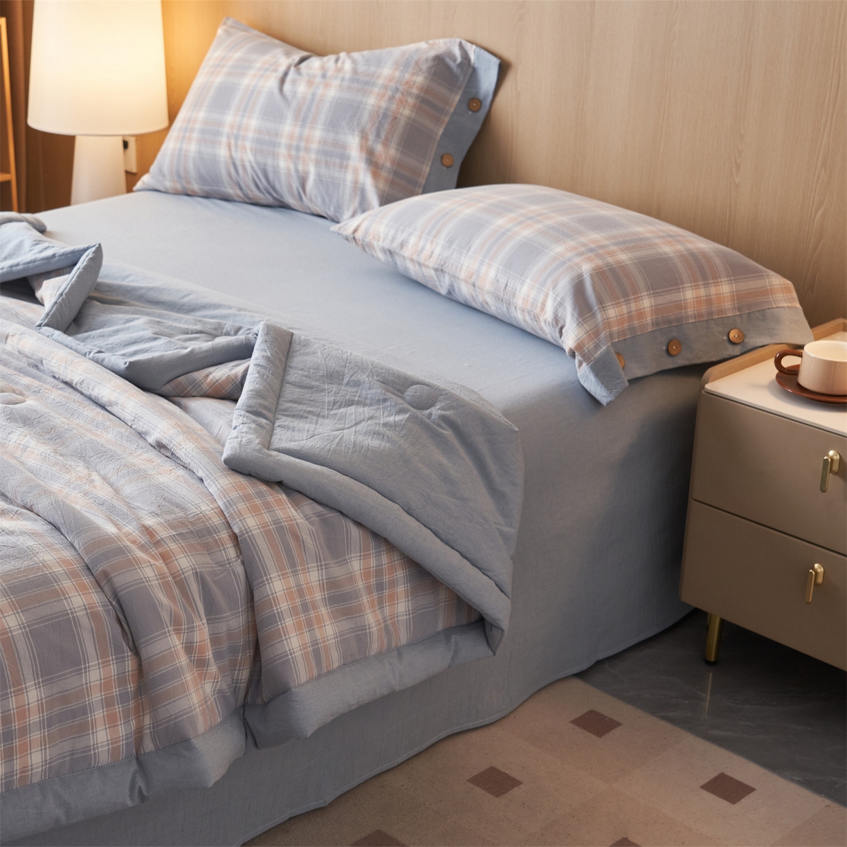 91家纺网 家纺一手货源 找家纺 恬思语家纺 2026春夏新款全棉加密色织棉花夏凉被夏被四件套-美拉德系列 蓝韵格