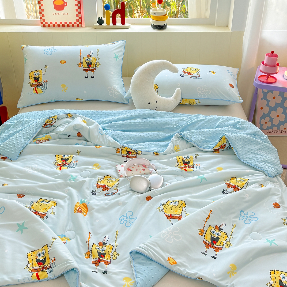 91家纺网 家纺一手货源 找家纺 恒畅 2026新款A类正版授权（含氨）卡通针织棉3D凉感豆豆夏被夏凉被 快乐小绵