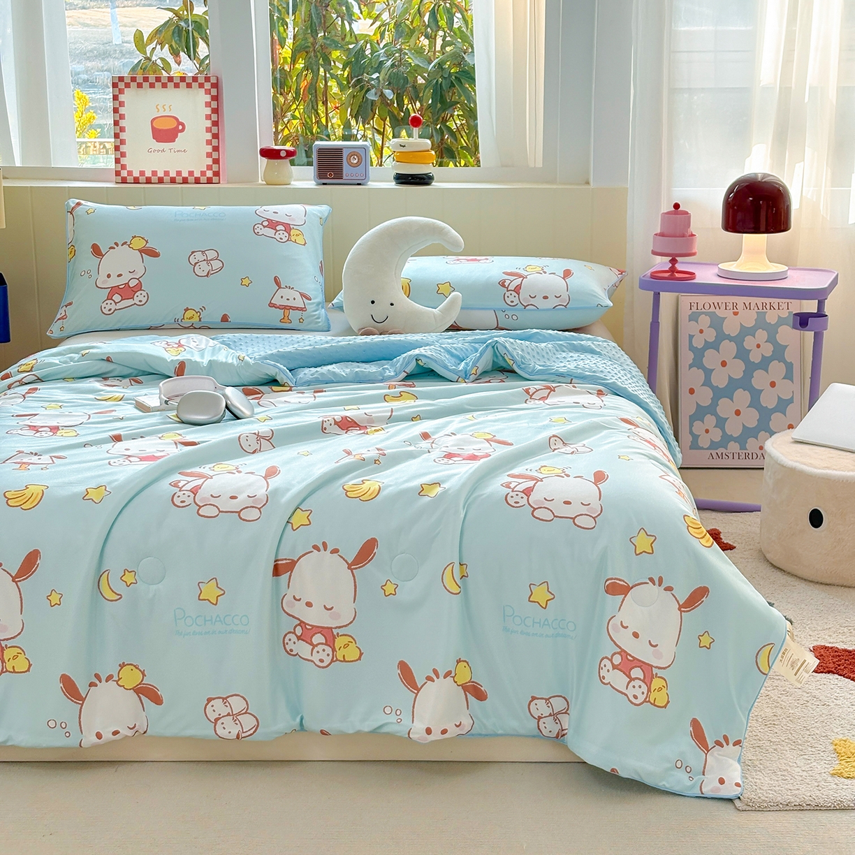 91家纺网 家纺一手货源 找家纺 恒畅 2026新款A类正版授权（含氨）卡通针织棉3D凉感豆豆夏被夏凉被 开心帕恰狗