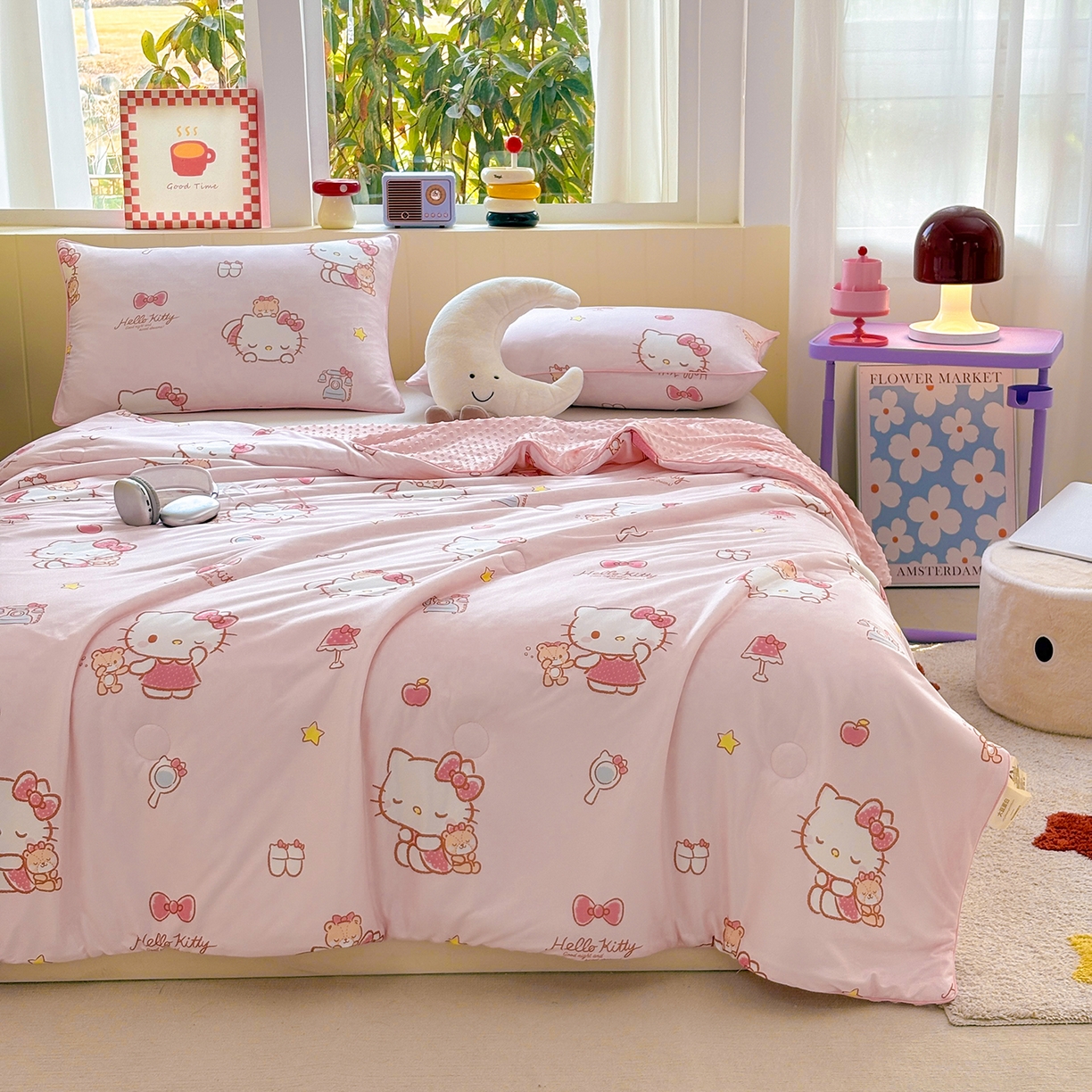 91家纺网 家纺一手货源 找家纺 恒畅 2026新款A类正版授权（含氨）卡通针织棉3D凉感豆豆夏被夏凉被 红粉凯蒂