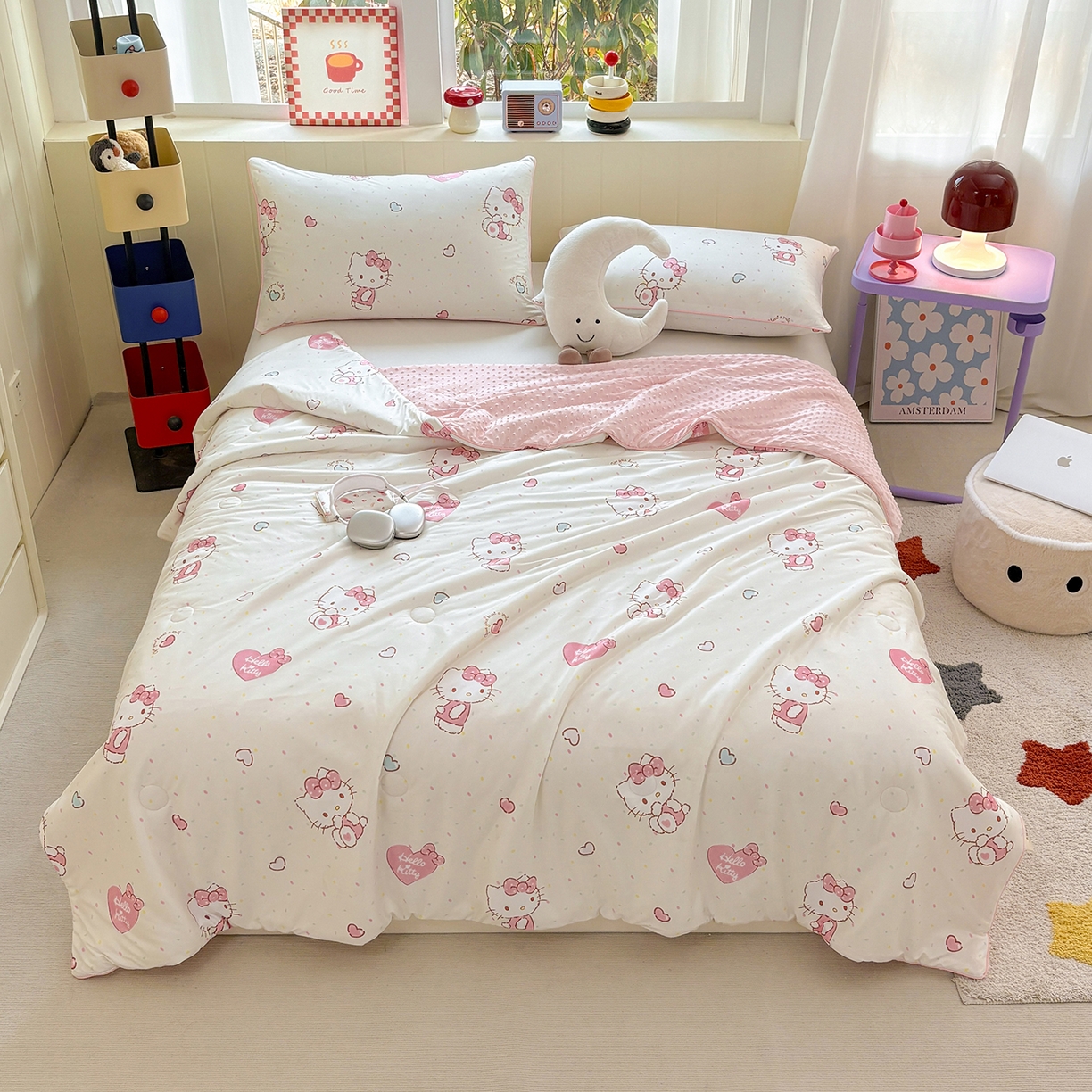 91家纺网 家纺一手货源 找家纺 恒畅 2026新款A类正版授权（含氨）卡通针织棉3D凉感豆豆夏被夏凉被 爱心凯蒂