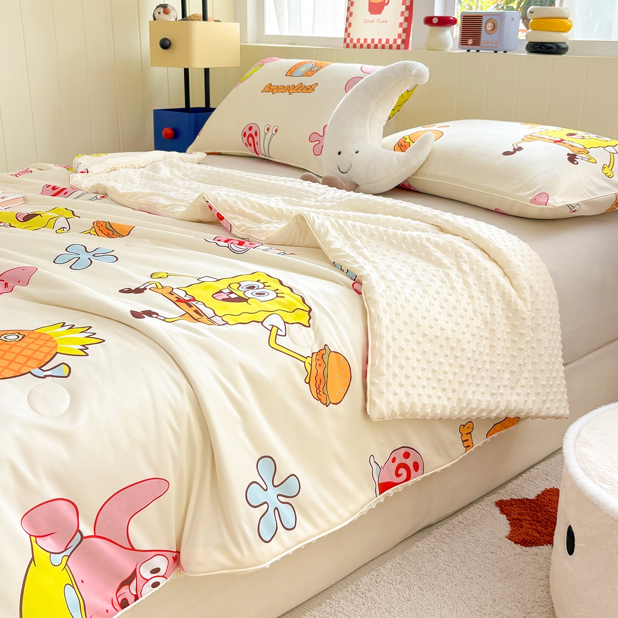 91家纺网 家纺一手货源 找家纺 恒畅 2026新款A类正版授权（含氨）卡通针织棉3D凉感豆豆夏被夏凉被 完美搭档
