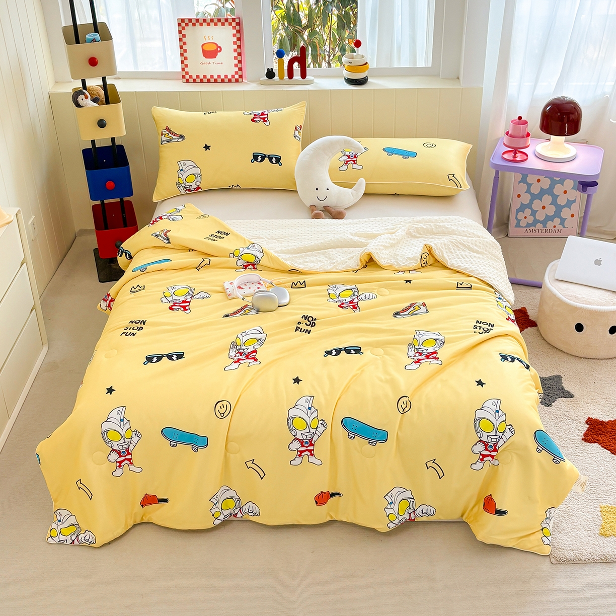 91家纺网 家纺一手货源 找家纺 恒畅 2026新款A类正版授权（含氨）卡通针织棉3D凉感豆豆夏被夏凉被 光崽奥特