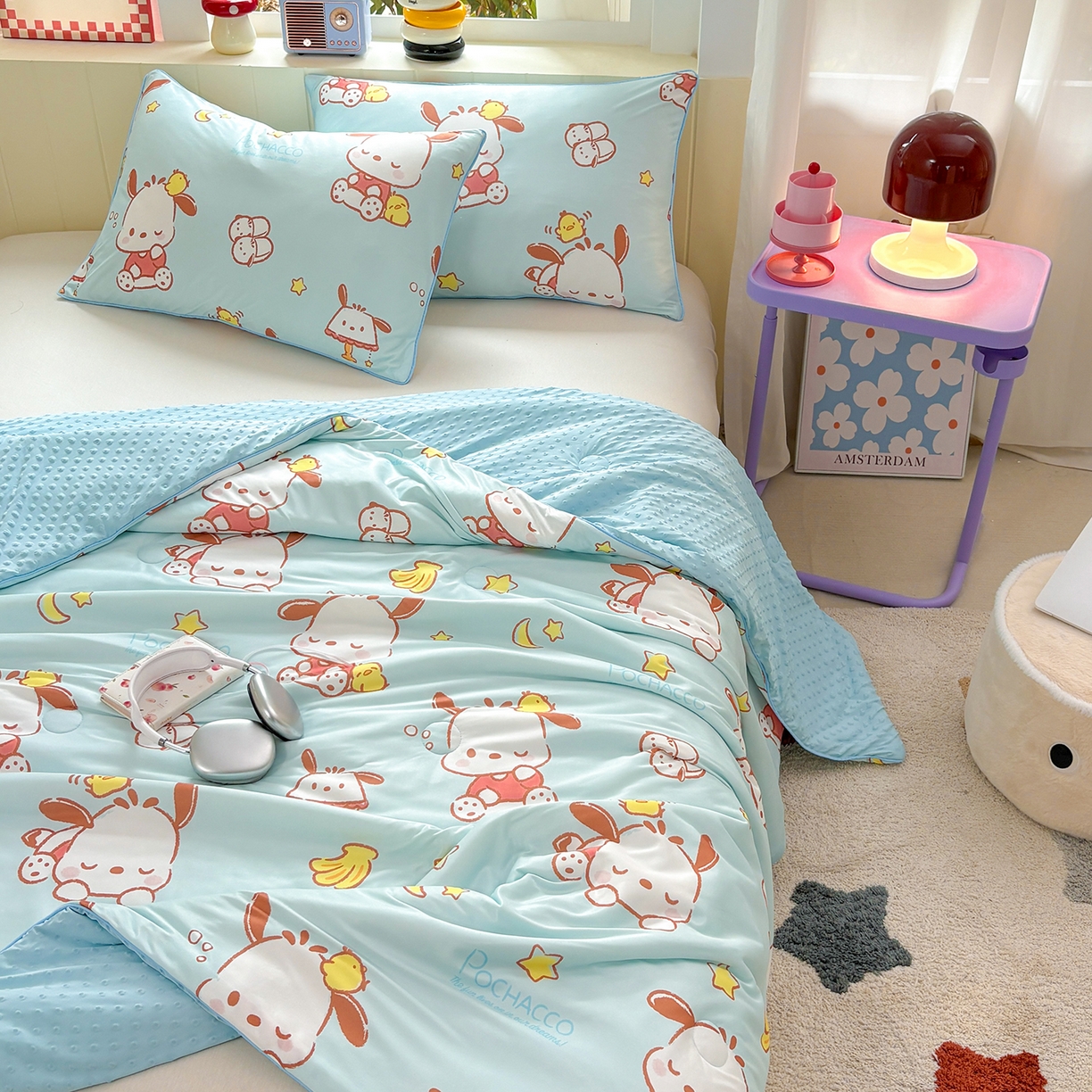 91家纺网 家纺一手货源 找家纺 恒畅 2026新款A类正版授权（含氨）卡通针织棉3D凉感豆豆夏被夏凉被 开心帕恰狗