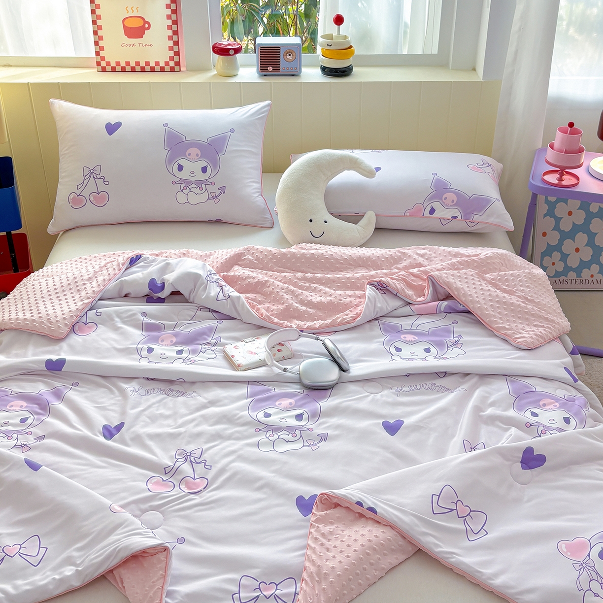 91家纺网 家纺一手货源 找家纺 恒畅 2026新款A类正版授权（含氨）卡通针织棉3D凉感豆豆夏被夏凉被 梦幻库洛米