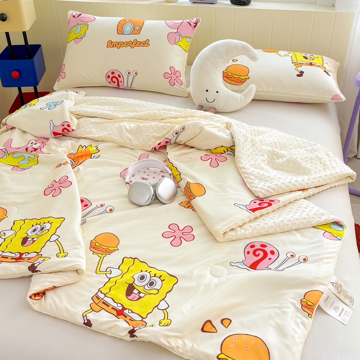 91家纺网 家纺一手货源 找家纺 恒畅 2026新款A类正版授权（含氨）卡通针织棉3D凉感豆豆夏被夏凉被 完美搭档