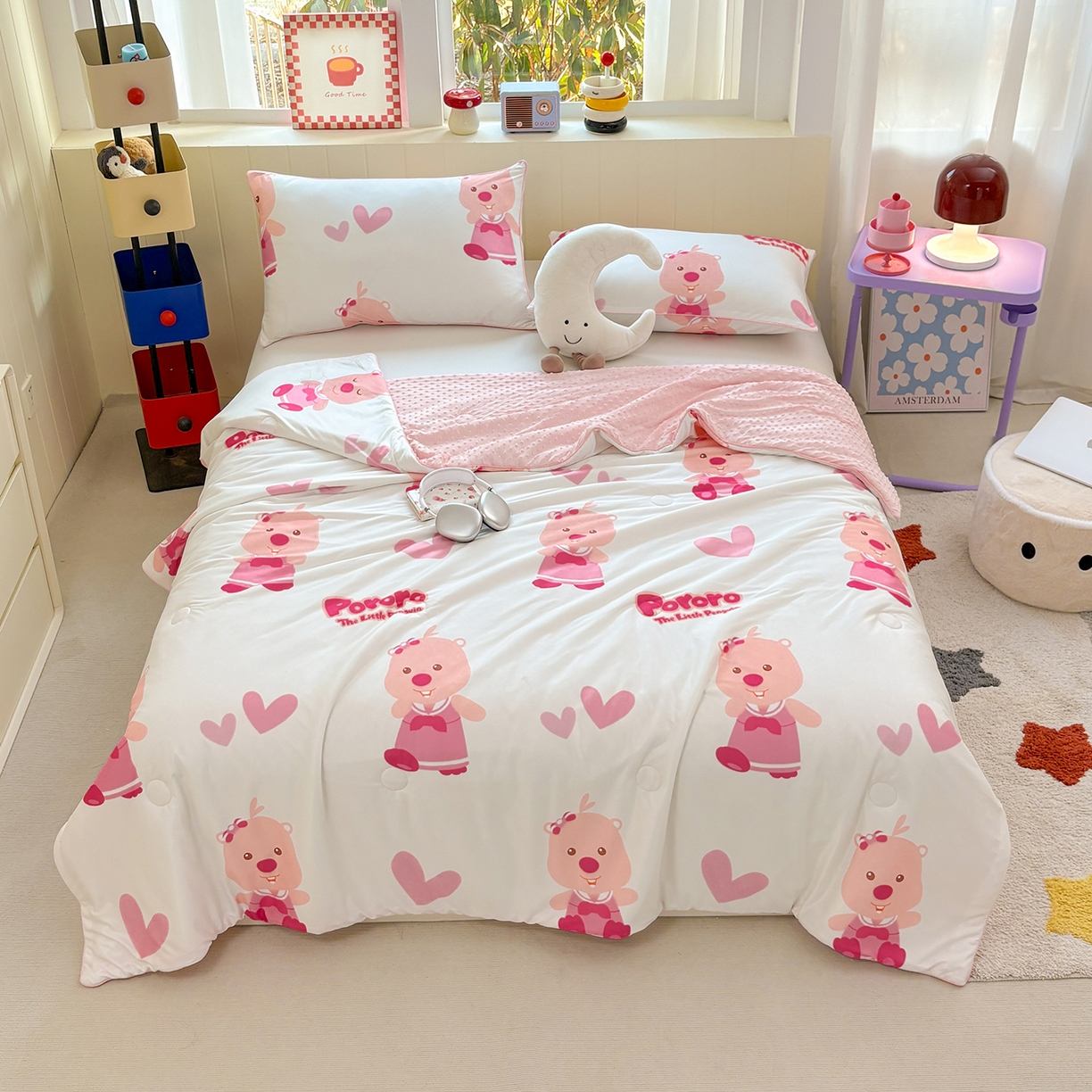 91家纺网 家纺一手货源 找家纺 恒畅 2026新款A类正版授权（含氨）卡通针织棉3D凉感豆豆夏被夏凉被 童趣露比