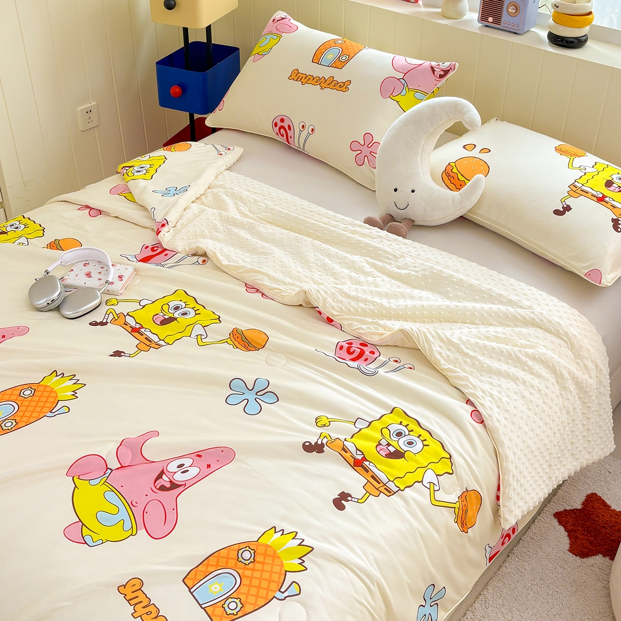 91家纺网 家纺一手货源 找家纺 恒畅 2026新款A类正版授权（含氨）卡通针织棉3D凉感豆豆夏被夏凉被 完美搭档