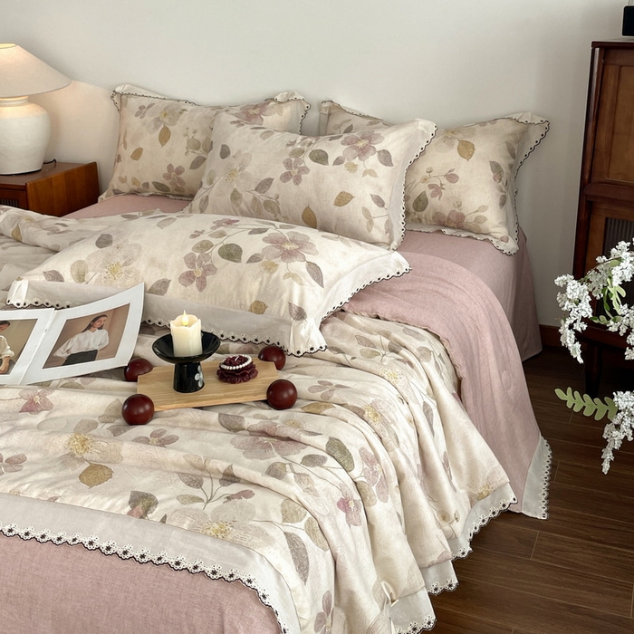 91家纺网 家纺一手货源 找家纺 （总）慕晨 2026新款天丝莱赛尔棉麻数码印色织花边夏被四件套高级田园美式直播热款