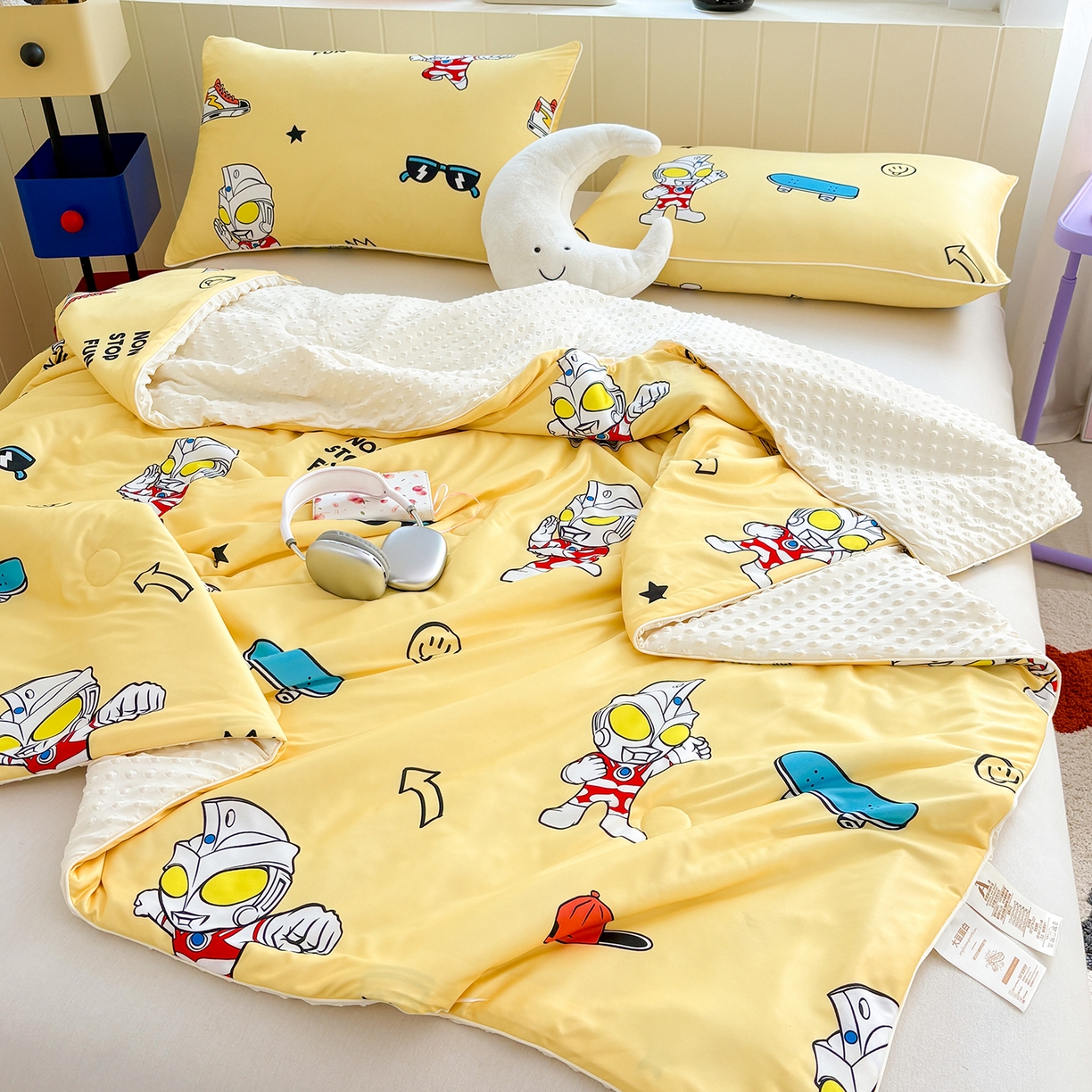 91家纺网 家纺一手货源 找家纺 恒畅 2026新款A类正版授权（含氨）卡通针织棉3D凉感豆豆夏被夏凉被 光崽奥特