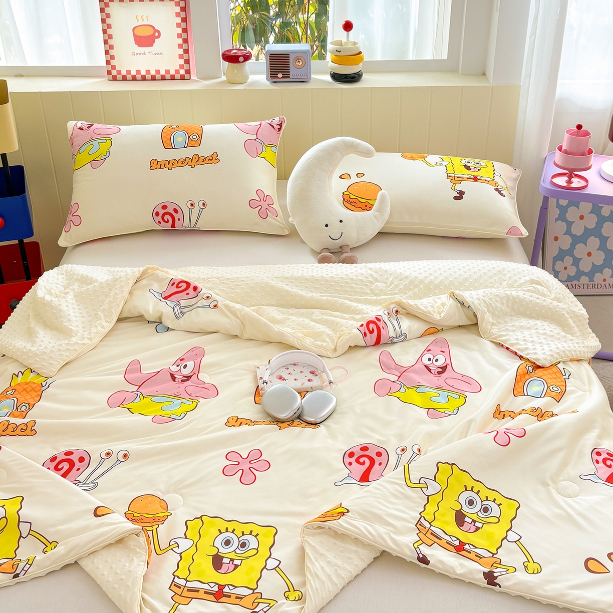 91家纺网 家纺一手货源 找家纺 恒畅 2026新款A类正版授权（含氨）卡通针织棉3D凉感豆豆夏被夏凉被 完美搭档