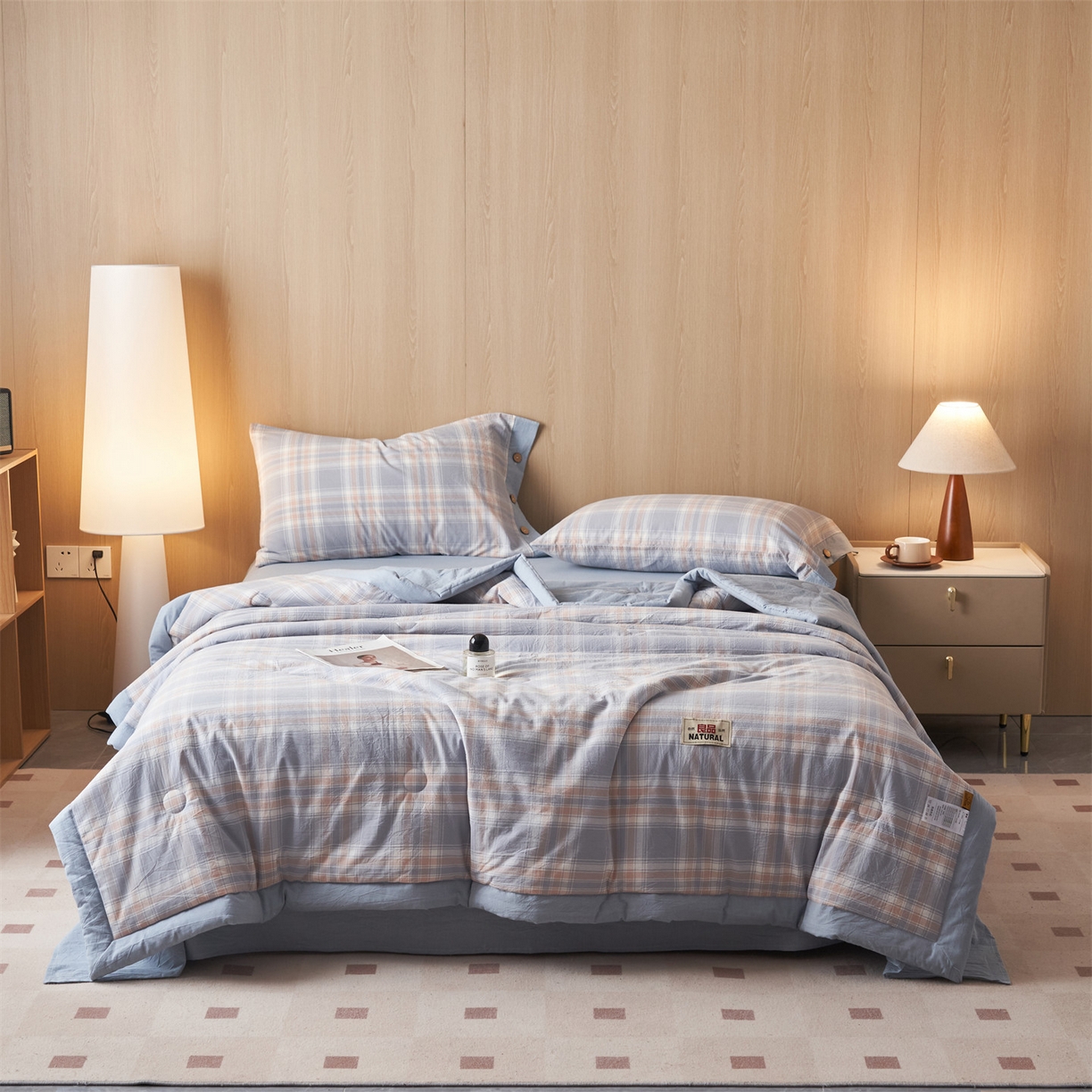 91家纺网 家纺一手货源 找家纺 恬思语家纺 2026春夏新款全棉加密色织棉花夏凉被夏被四件套-美拉德系列 蓝韵格