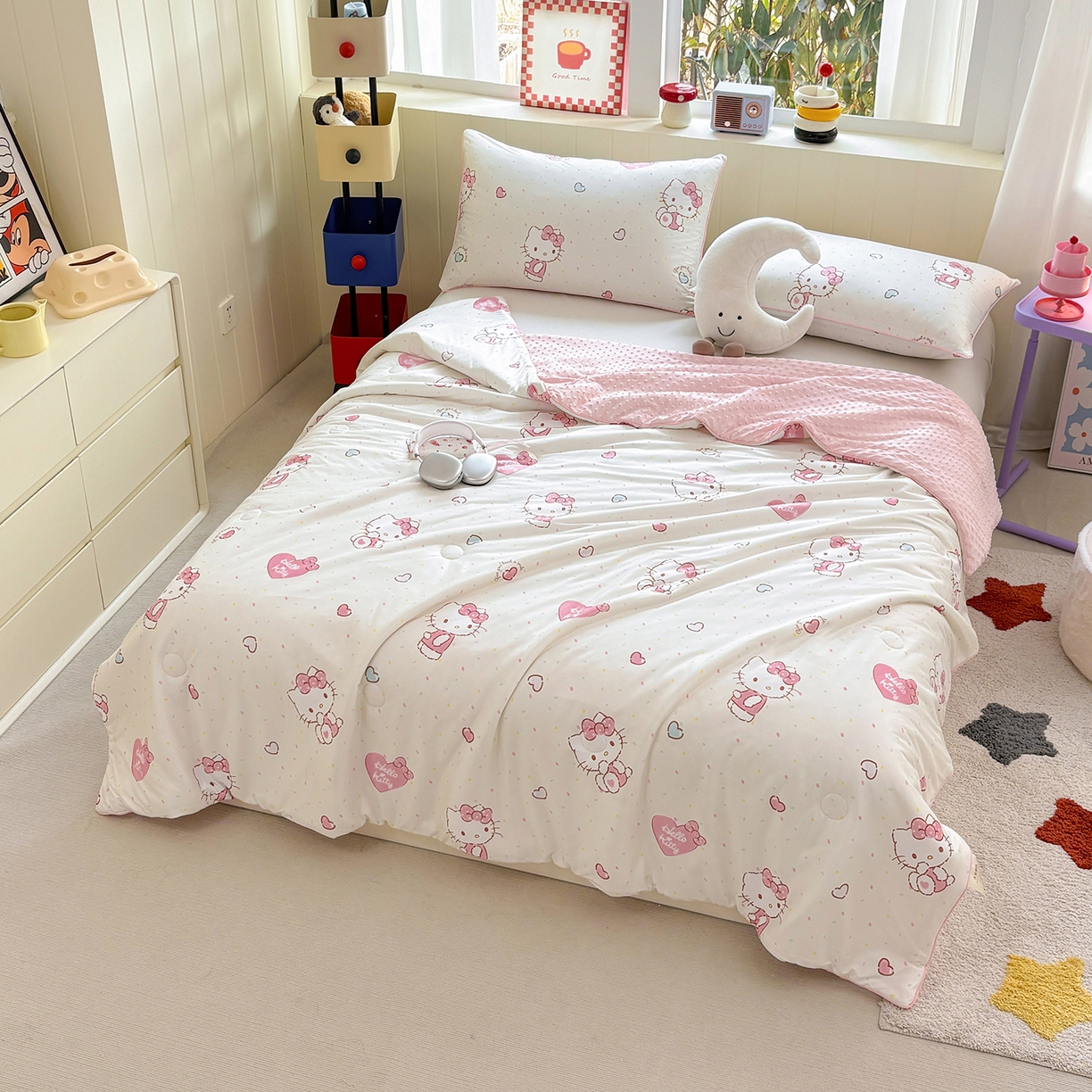 91家纺网 家纺一手货源 找家纺 恒畅 2026新款A类正版授权（含氨）卡通针织棉3D凉感豆豆夏被夏凉被 爱心凯蒂