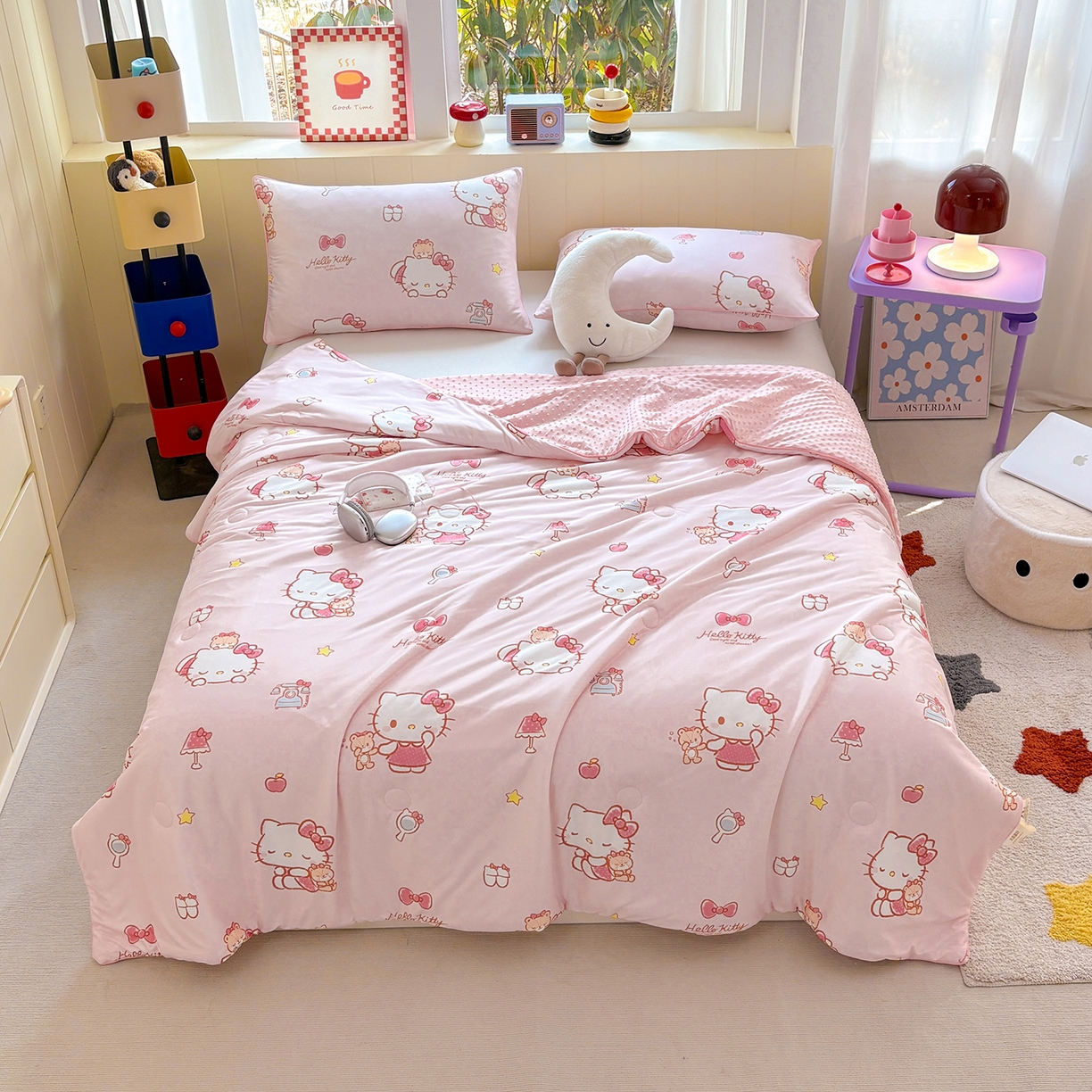 91家纺网 家纺一手货源 找家纺 恒畅 2026新款A类正版授权（含氨）卡通针织棉3D凉感豆豆夏被夏凉被 红粉凯蒂