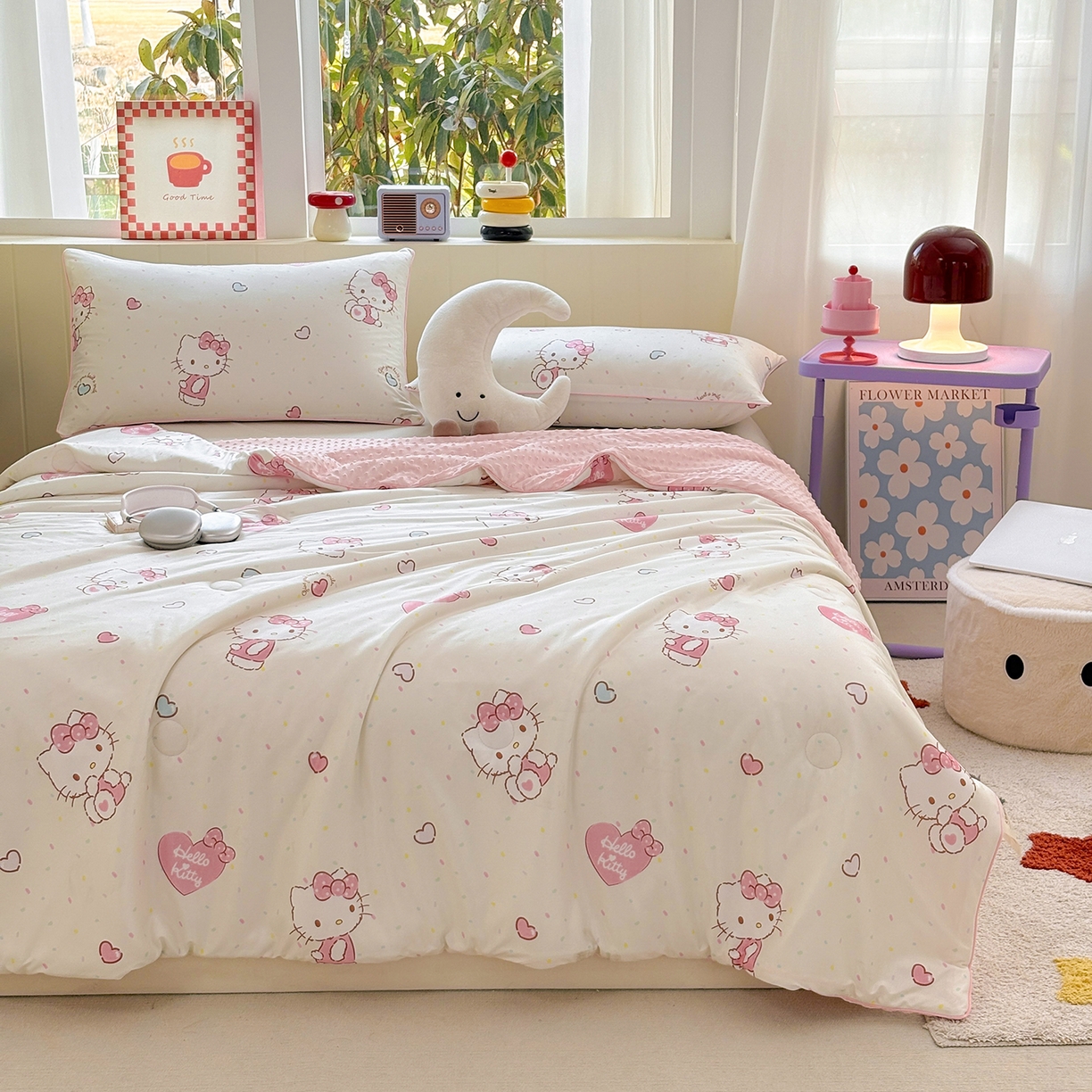 91家纺网 家纺一手货源 找家纺 恒畅 2026新款A类正版授权（含氨）卡通针织棉3D凉感豆豆夏被夏凉被 爱心凯蒂