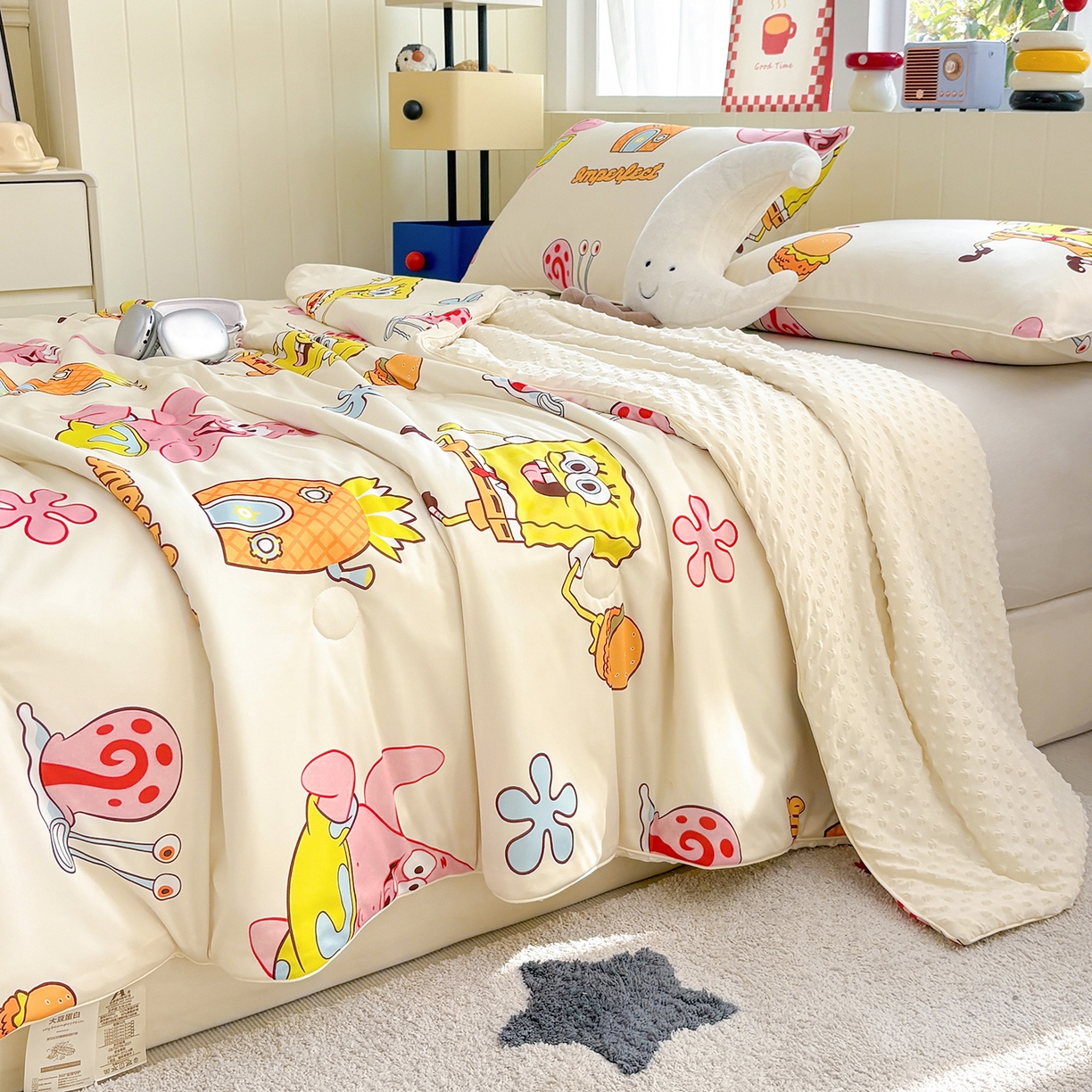 91家纺网 家纺一手货源 找家纺 恒畅 2026新款A类正版授权（含氨）卡通针织棉3D凉感豆豆夏被夏凉被 完美搭档