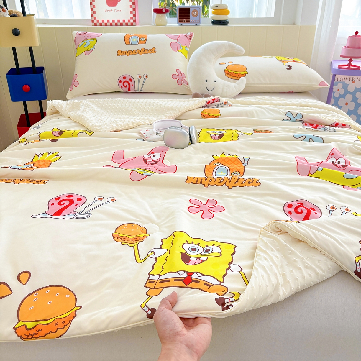 91家纺网 家纺一手货源 找家纺 恒畅 2026新款A类正版授权（含氨）卡通针织棉3D凉感豆豆夏被夏凉被 完美搭档