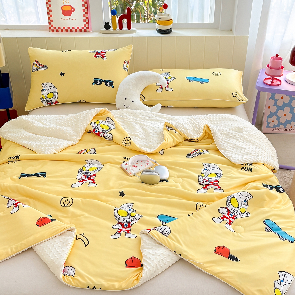 91家纺网 家纺一手货源 找家纺 恒畅 2026新款A类正版授权（含氨）卡通针织棉3D凉感豆豆夏被夏凉被 光崽奥特