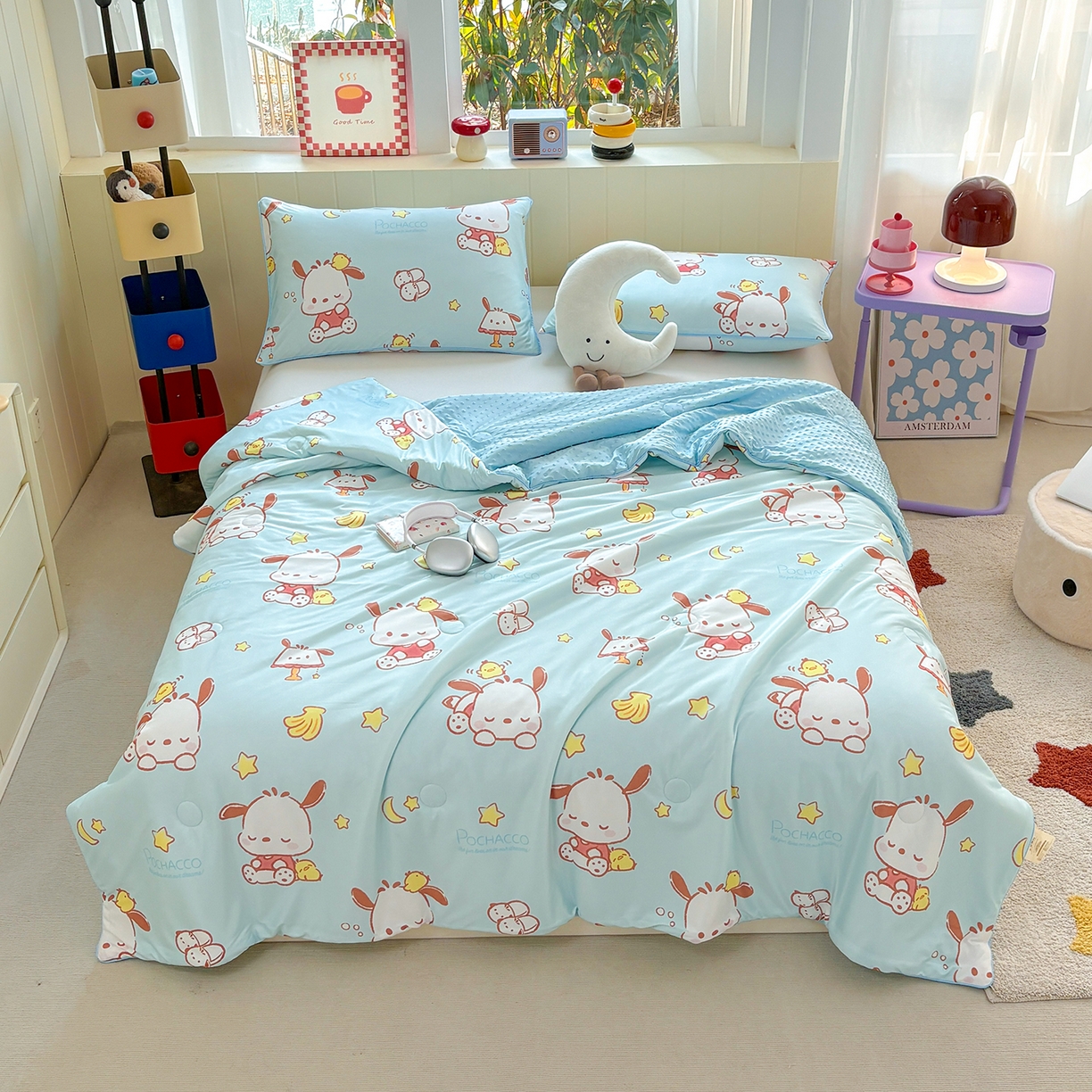 91家纺网 家纺一手货源 找家纺 恒畅 2026新款A类正版授权（含氨）卡通针织棉3D凉感豆豆夏被夏凉被 开心帕恰狗