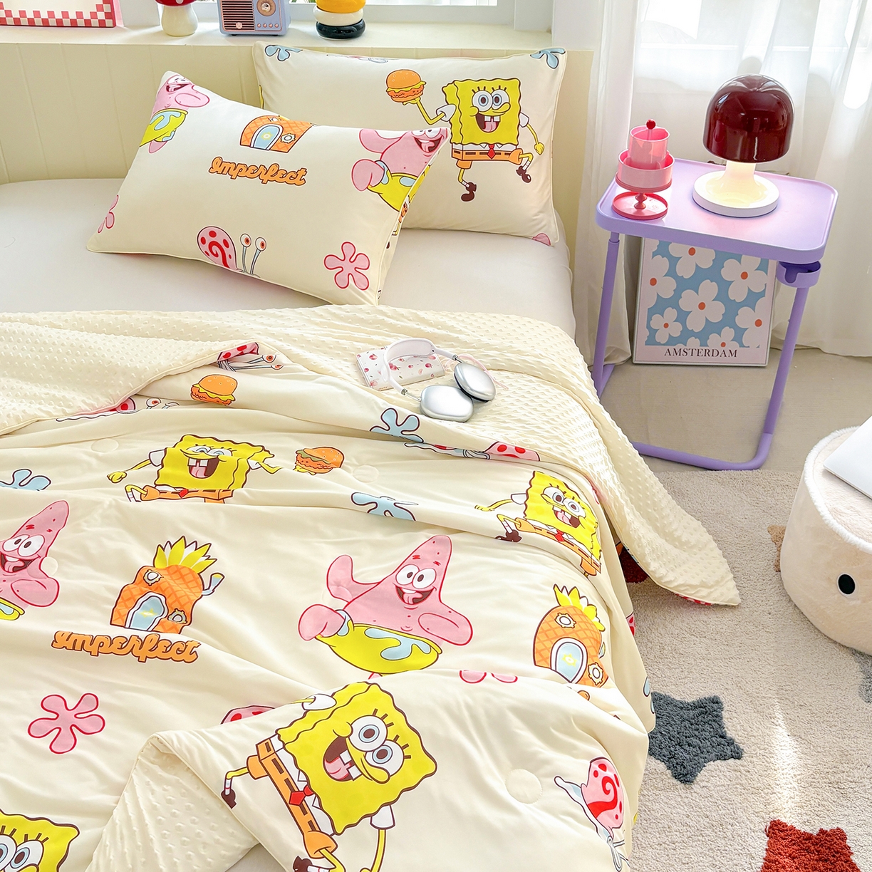 91家纺网 家纺一手货源 找家纺 恒畅 2026新款A类正版授权（含氨）卡通针织棉3D凉感豆豆夏被夏凉被 完美搭档