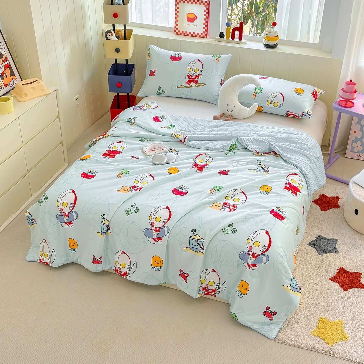 91家纺网 家纺一手货源 找家纺 恒畅 2026新款A类正版授权（含氨）卡通针织棉3D凉感豆豆夏被夏凉被 夏日派对