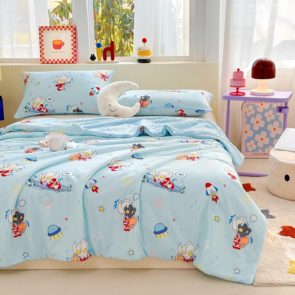 91家纺网 家纺一手货源 找家纺 恒畅 2026新款A类正版授权（含氨）卡通针织棉3D凉感豆豆夏被夏凉被 奥特曼城堡