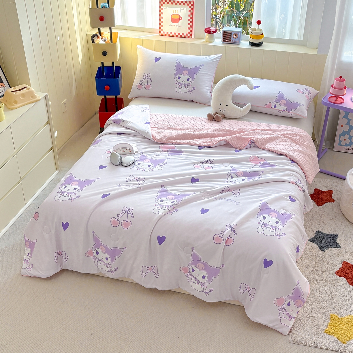 91家纺网 家纺一手货源 找家纺 恒畅 2026新款A类正版授权（含氨）卡通针织棉3D凉感豆豆夏被夏凉被 梦幻库洛米