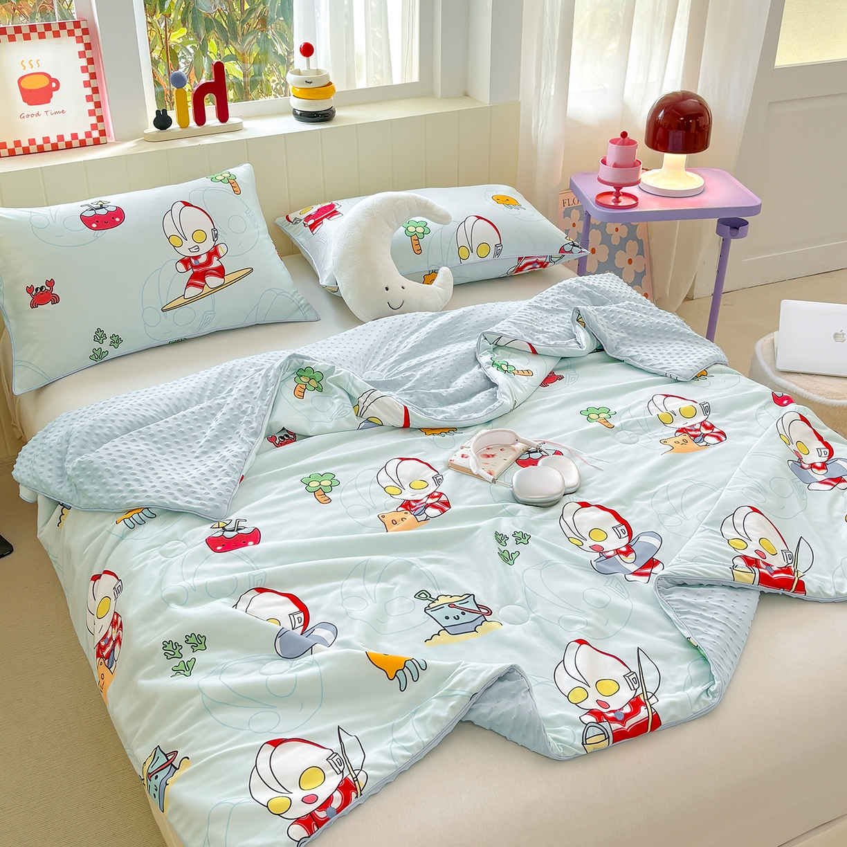 91家纺网 家纺一手货源 找家纺 恒畅 2026新款A类正版授权（含氨）卡通针织棉3D凉感豆豆夏被夏凉被 夏日派对