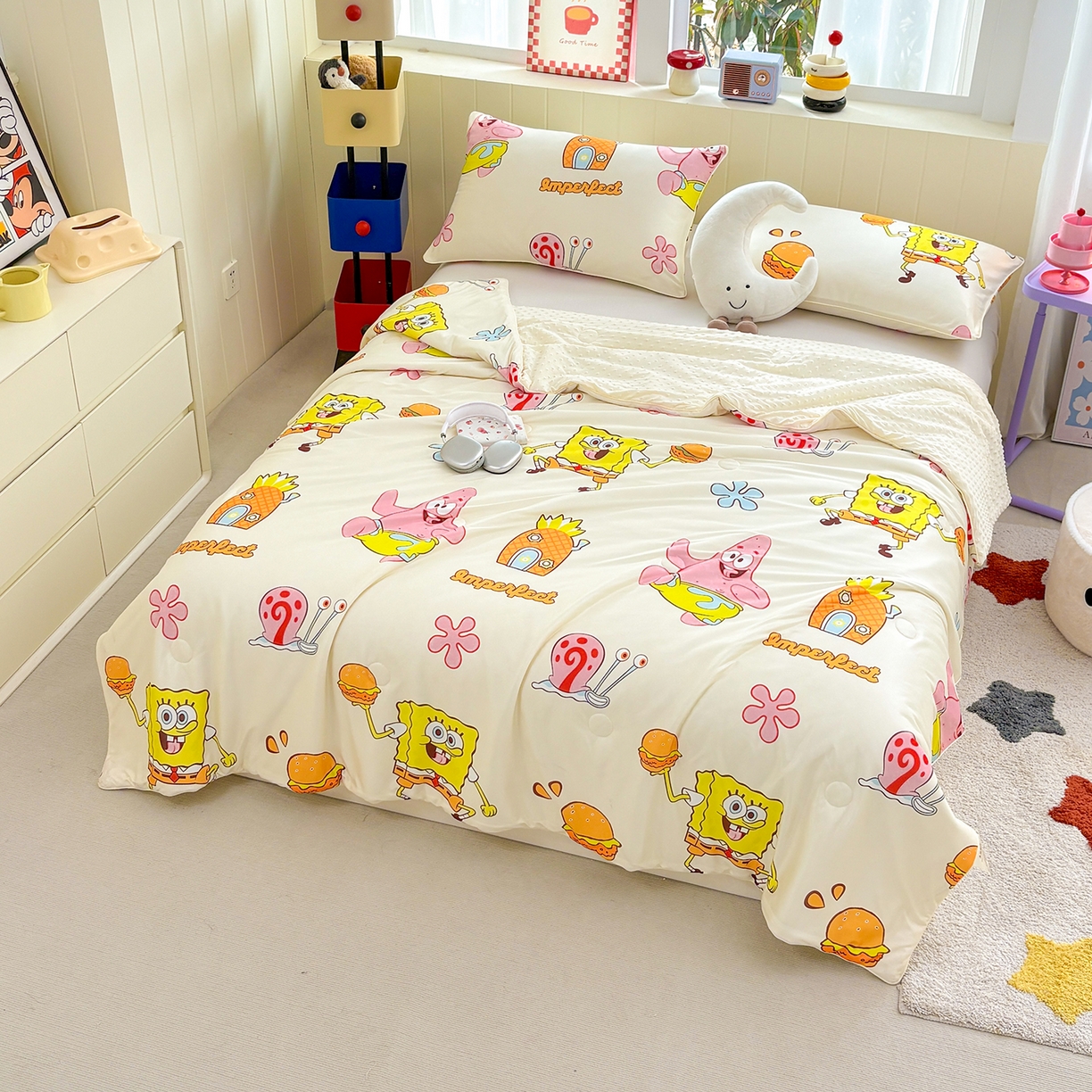 91家纺网 家纺一手货源 找家纺 恒畅 2026新款A类正版授权（含氨）卡通针织棉3D凉感豆豆夏被夏凉被 完美搭档