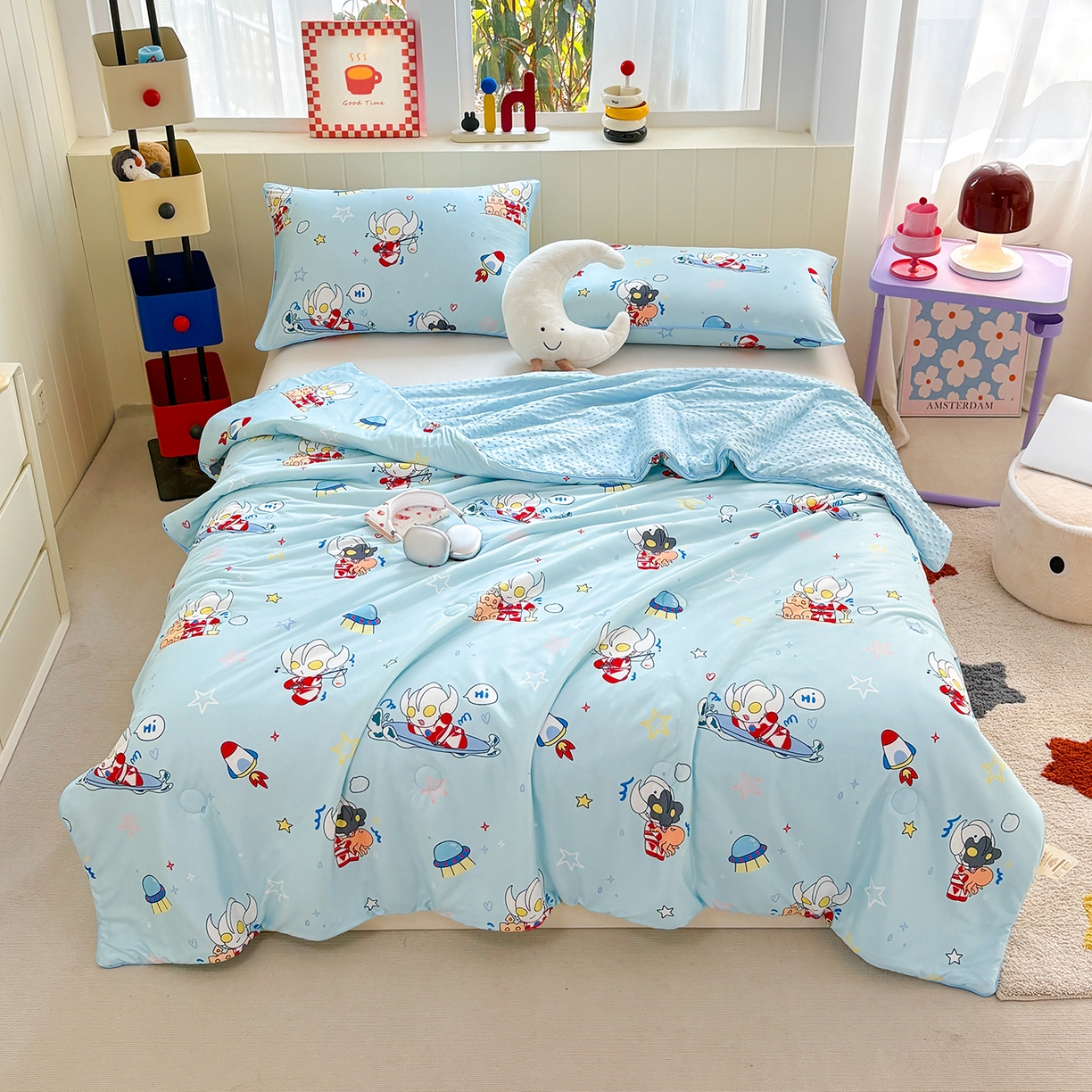 91家纺网 家纺一手货源 找家纺 恒畅 2026新款A类正版授权（含氨）卡通针织棉3D凉感豆豆夏被夏凉被 奥特曼城堡