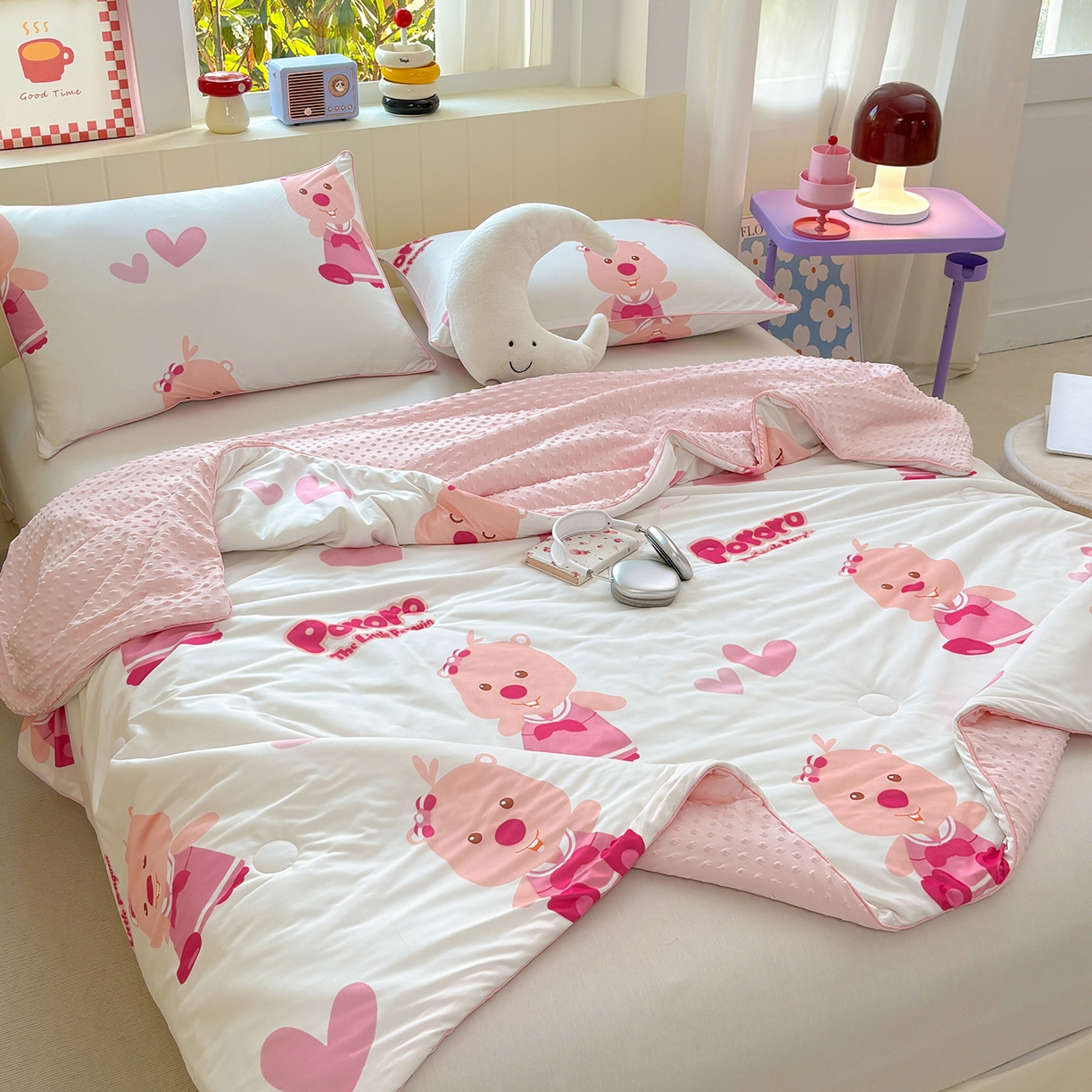 91家纺网 家纺一手货源 找家纺 恒畅 2026新款A类正版授权（含氨）卡通针织棉3D凉感豆豆夏被夏凉被 童趣露比