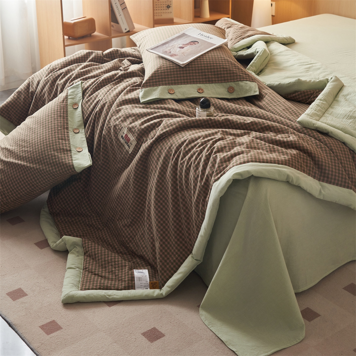 91家纺网 家纺一手货源 找家纺 恬思语家纺 2026春夏新款全棉加密色织棉花夏凉被夏被四件套-美拉德系列 赫本绿