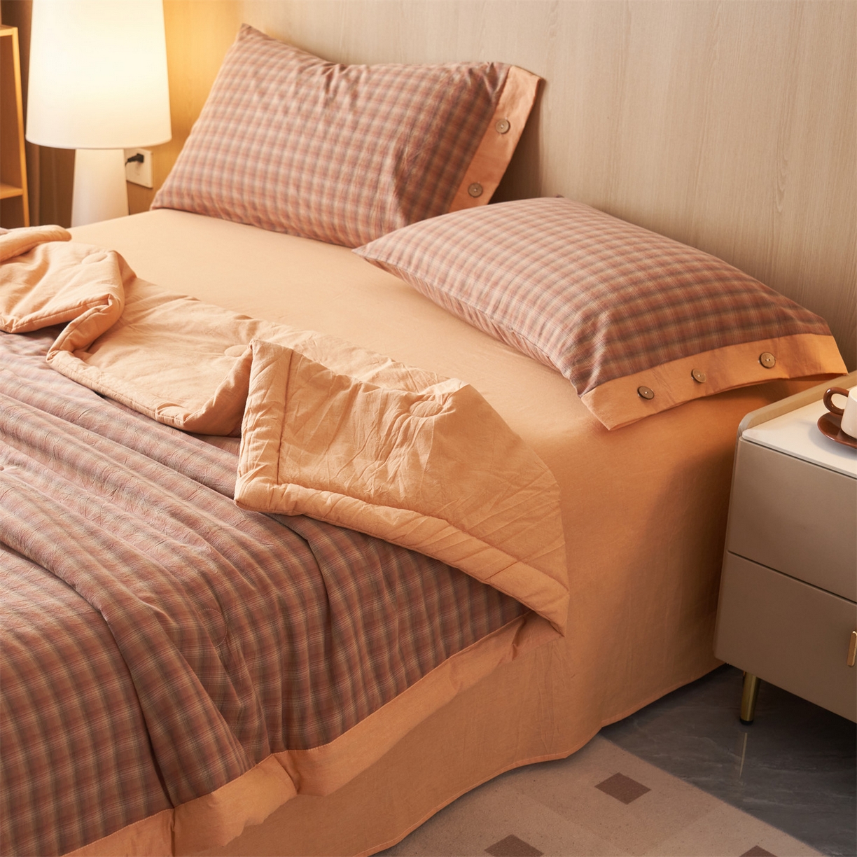 91家纺网 家纺一手货源 找家纺 恬思语家纺 2026春夏新款全棉加密色织棉花夏凉被夏被四件套-美拉德系列 云柚桔