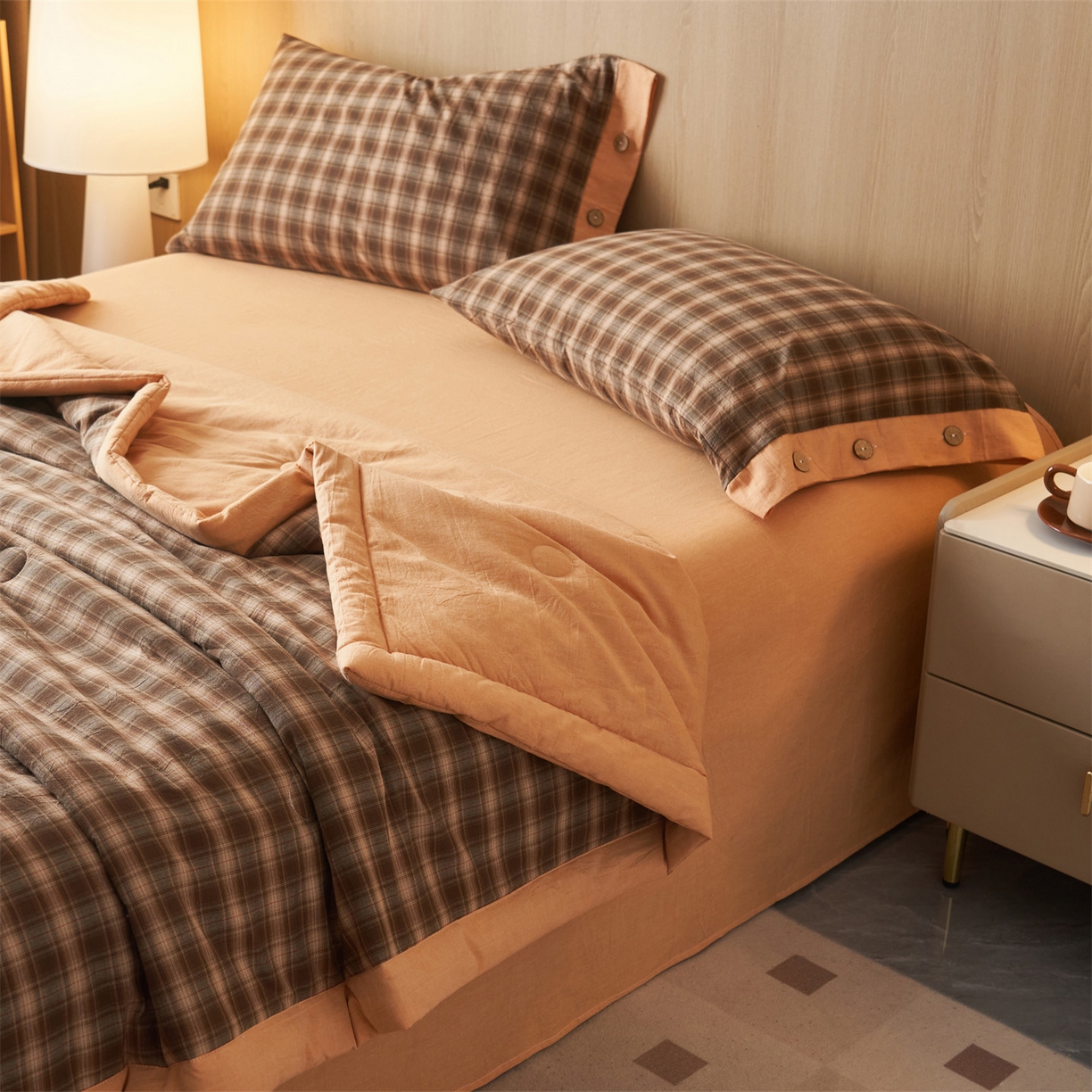 91家纺网 家纺一手货源 找家纺 恬思语家纺 2026春夏新款全棉加密色织棉花夏凉被夏被四件套-美拉德系列 云柚咖