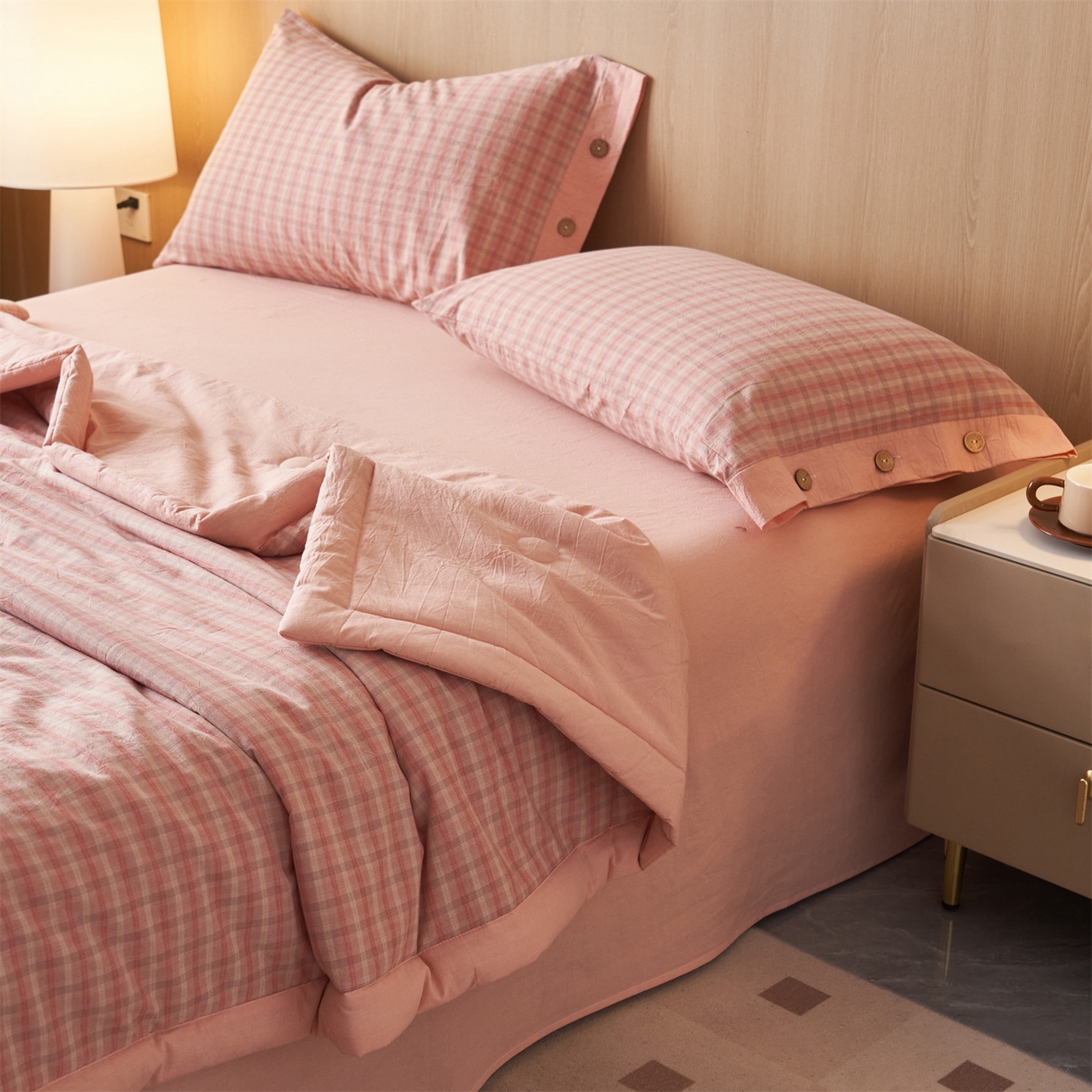 91家纺网 家纺一手货源 找家纺 恬思语家纺 2026春夏新款全棉加密色织棉花夏凉被夏被四件套-美拉德系列 洋气粉