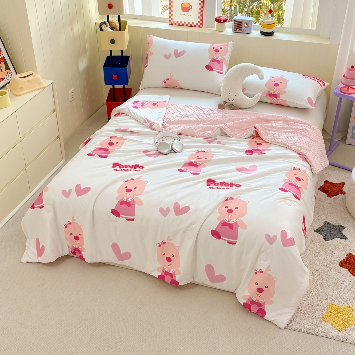 91家纺网 家纺一手货源 找家纺 恒畅 2026新款A类正版授权（含氨）卡通针织棉3D凉感豆豆夏被夏凉被 童趣露比