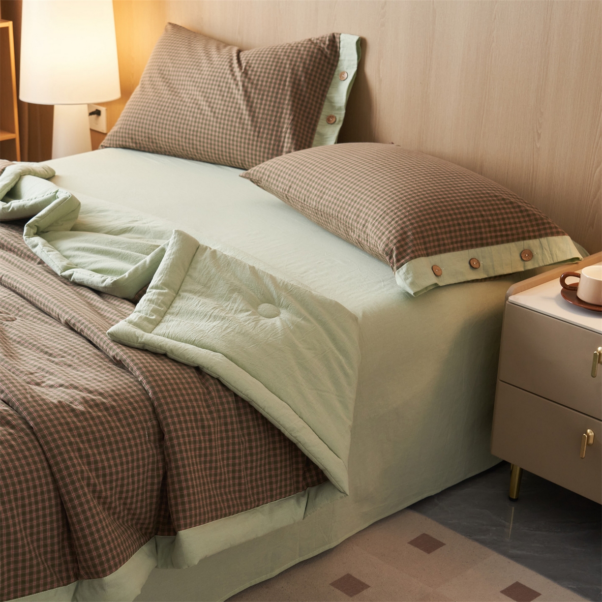 91家纺网 家纺一手货源 找家纺 恬思语家纺 2026春夏新款全棉加密色织棉花夏凉被夏被四件套-美拉德系列 赫本绿