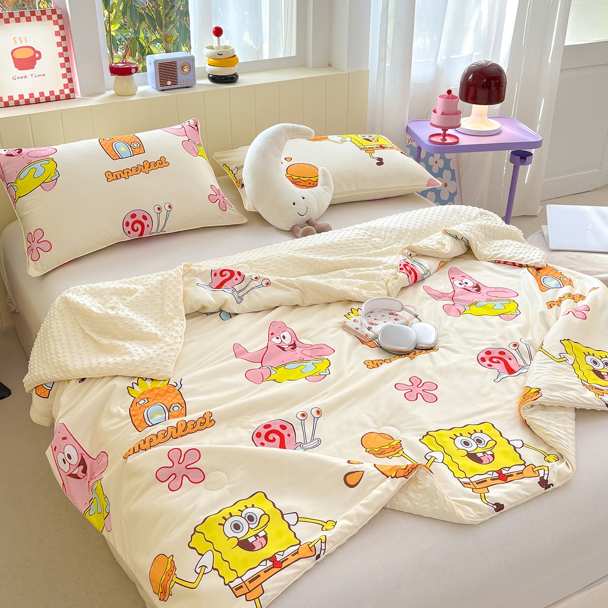 91家纺网 家纺一手货源 找家纺 恒畅 2026新款A类正版授权（含氨）卡通针织棉3D凉感豆豆夏被夏凉被 完美搭档