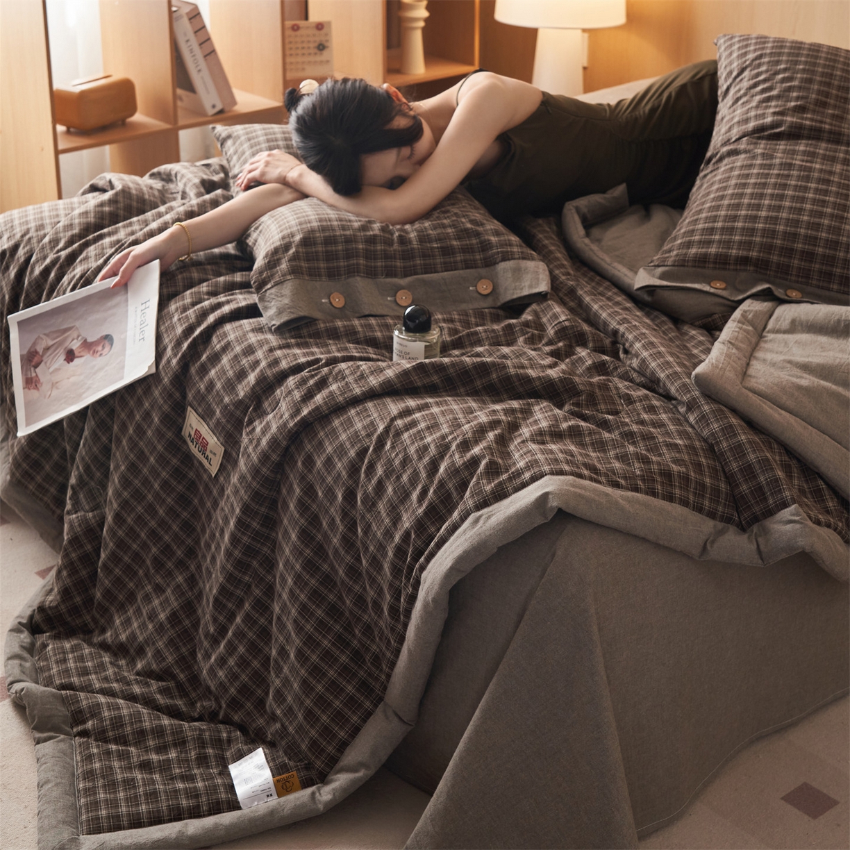 91家纺网 家纺一手货源 找家纺 恬思语家纺 2026春夏新款全棉加密色织棉花夏凉被夏被四件套-美拉德系列 莫奈灰