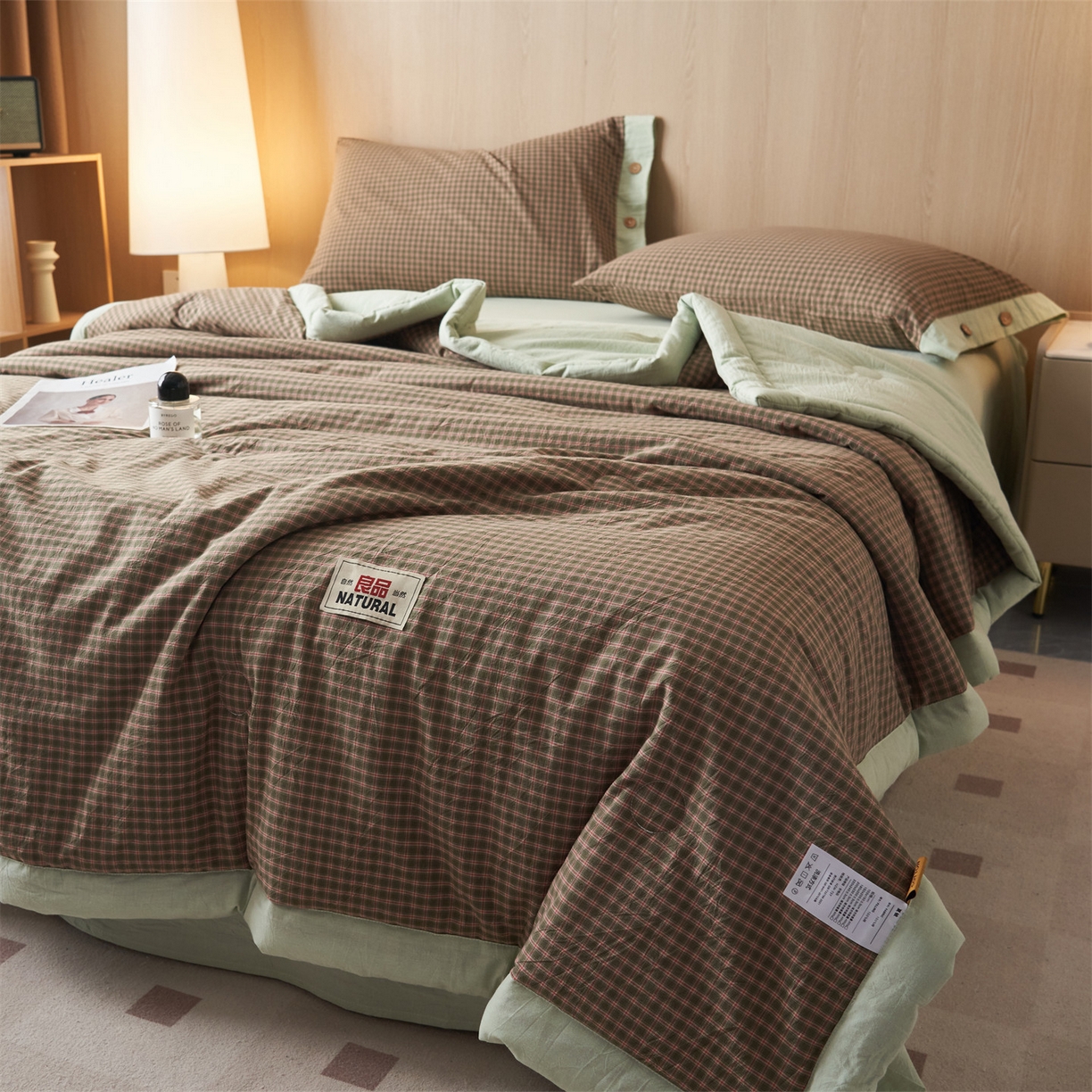 91家纺网 家纺一手货源 找家纺 恬思语家纺 2026春夏新款全棉加密色织棉花夏凉被夏被四件套-美拉德系列 赫本绿