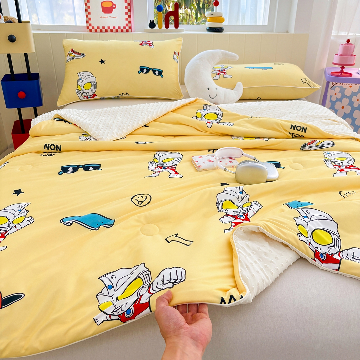 91家纺网 家纺一手货源 找家纺 恒畅 2026新款A类正版授权（含氨）卡通针织棉3D凉感豆豆夏被夏凉被 光崽奥特