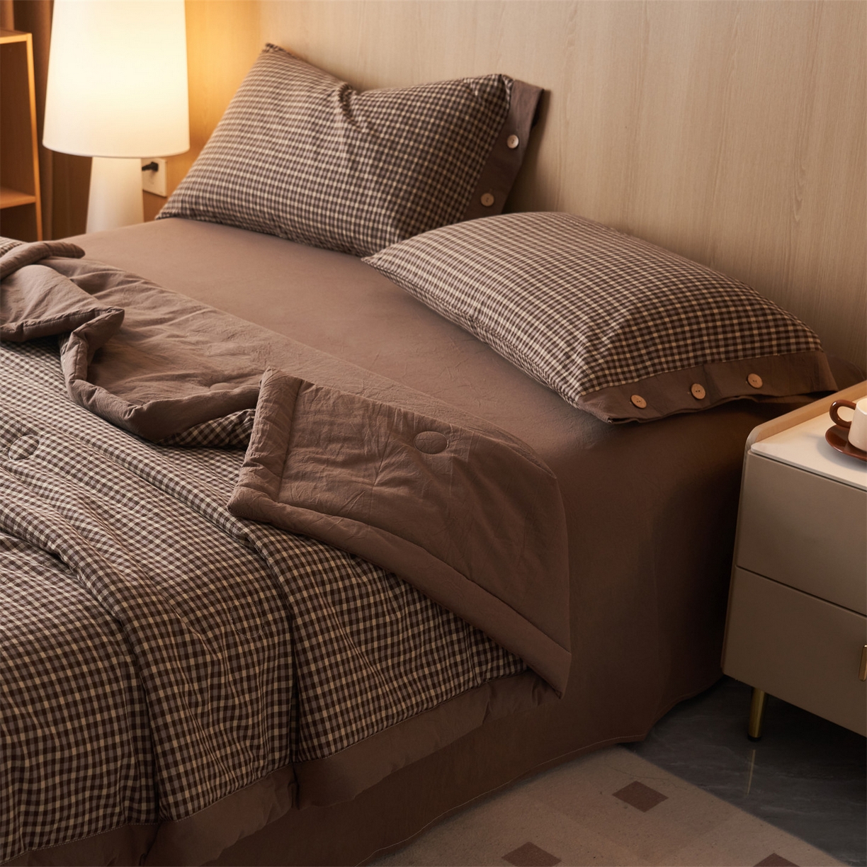 91家纺网 家纺一手货源 找家纺 恬思语家纺 2026春夏新款全棉加密色织棉花夏凉被夏被四件套-美拉德系列 棕小格