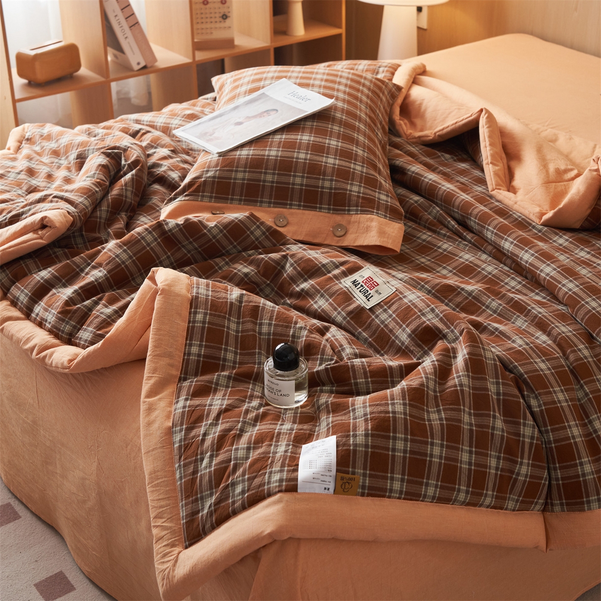 91家纺网 家纺一手货源 找家纺 恬思语家纺 2026春夏新款全棉加密色织棉花夏凉被夏被四件套-美拉德系列 南瓜桔