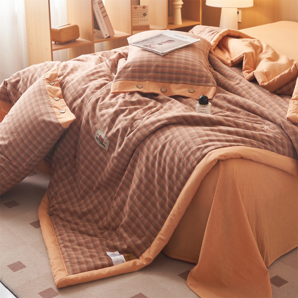 91家纺网 家纺一手货源 找家纺 恬思语家纺 2026春夏新款全棉加密色织棉花夏凉被夏被四件套-美拉德系列 云柚桔