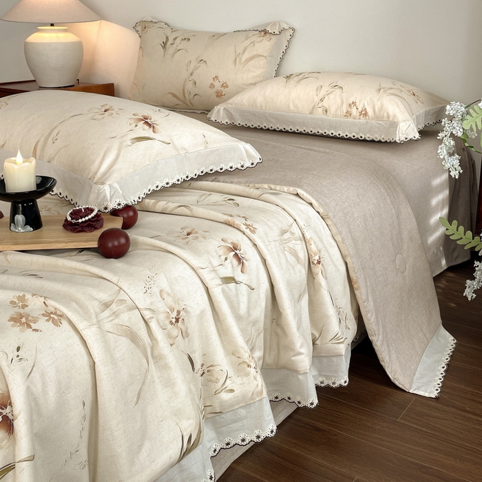 91家纺网 家纺一手货源 找家纺 慕晨 2026新款天丝莱赛尔棉麻数码印色织花边夏被四件套高级田园美式直播热款 丁岚