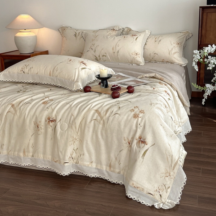 91家纺网 家纺一手货源 找家纺 慕晨 2026新款天丝莱赛尔棉麻数码印色织花边夏被四件套高级田园美式直播热款 丁岚